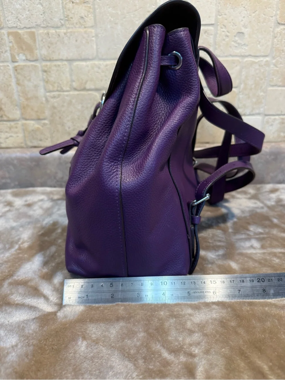 Coach Purple Pebbled Leather Drawstring Backpack with Front Zip Pocket